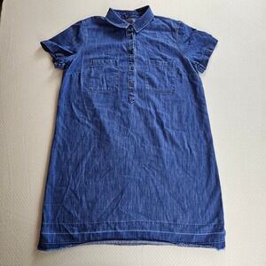 Denim Shirt Dress Blue Short Sleeve Raw Hem Button Front Large Western Indie 90s